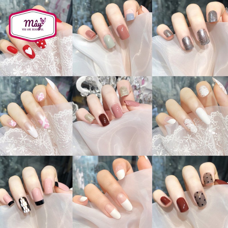 Set 24 móng tay giả khuôn bầu tròn trang trí nữ tính phong cách Nhật Bản