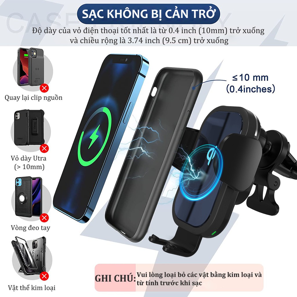 Bộ sạc ô tô không dây không dây, Sạc nhanh 15W / 10W / 7,5W Qi Giá treo tự động kẹp (Đen) | BigBuy360 - bigbuy360.vn