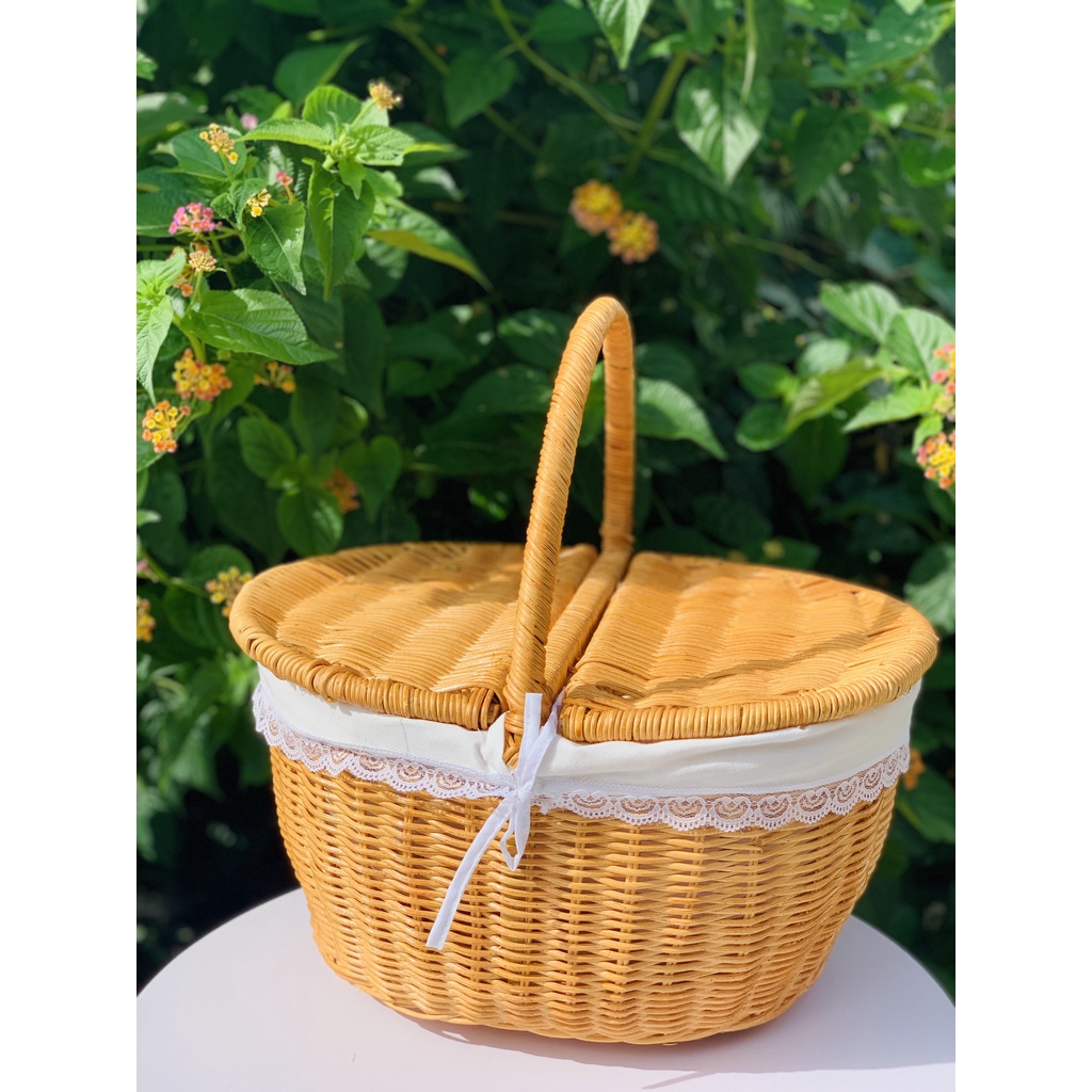 Giỏ Mây Picnic Có Lót Vải, Có Nắp Đậy/ Giỏ Mây Đi Du Lịch Dã Ngoại Tiện Nghi/ Đồ Dùng Nhà Bếp Decor Chụp Ảnh Studio
