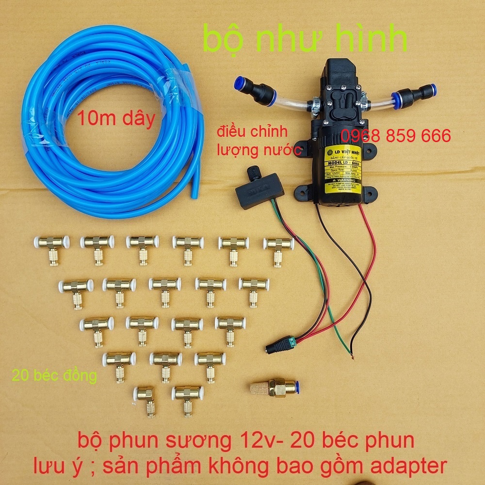 Bộ máy bơm phun sương mini kèm điều chỉnh lượng nước, 5 béc tới 30 béc phun