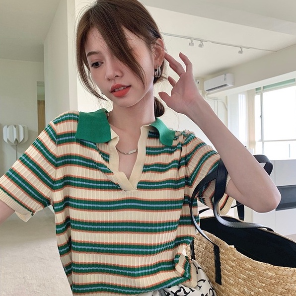 Áo croptop polo ZHELIHANGFEI dệt kim tay ngắn kẻ sọc kiểu vintage dễ thương thời trang