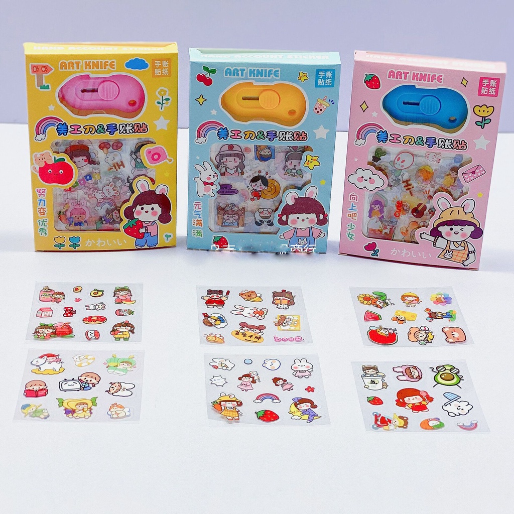 Set 10 Tấm Sticker Dán Cute, Nhựa PVC Trong Suốt, Tặng Kèm Dao Rọc Giấy