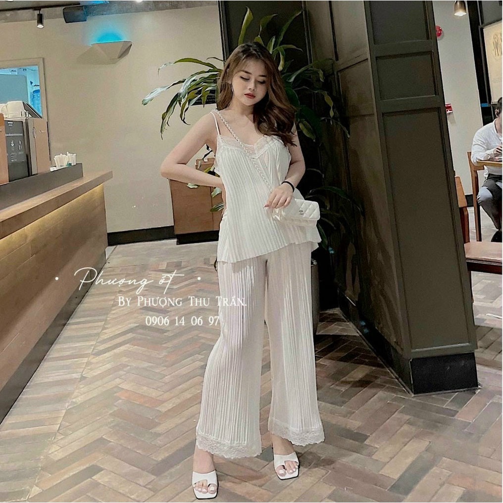 Set Bộ Dập Ly Dài Áo 2 Dây Viền Ren Dáng Rộng 65kg Trở Lại Phối Quần Dài Cạp Cao Ulzzang - NT