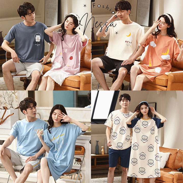 Bộ Đồ Đôi Mặc Ở Nhà Váy Quần Áo Ngủ Cặp Đôi Cộc Tay Vải Cotton Co Giãn 4 Chiều Mùa Hè Xuân Đi Chơi Biển BĐN93