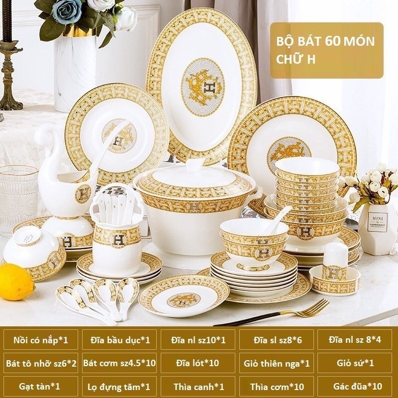 Bộ bát đĩa sứ xương cao cấp họa tiết H phong cách hoàng gia, sang trọng & tinh tế