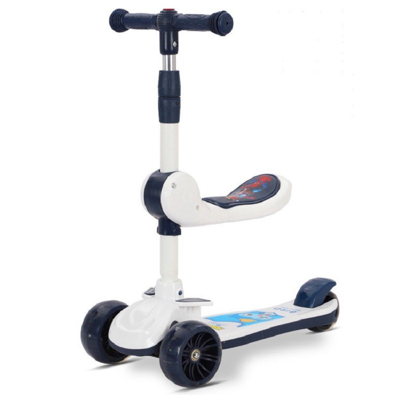 Xe trượt scooter cho bé vận động có ghế ngồi 3in1 gấp gọn, có nhạc, đèn, bánh phát sáng (Cam-Xanh-Tím-Trắng)