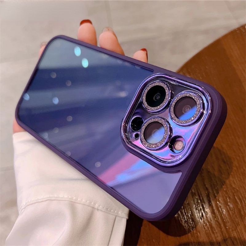 Ốp lưng kính trong viền màu bảo vệ camera gắn đá nhũ cho iPhone 14 , 14 pro,14 plus ,14 pro max,13Pro Max MI RUY (1)