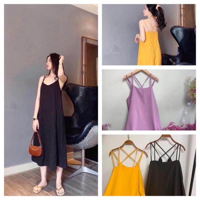 Đầm suông nữ,váy suông nữ 2 dây đan lưng 3 màu xẻ tà chất đũi