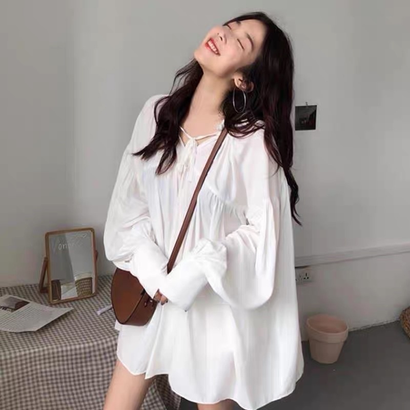 Áo Babydoll Dáng Oversize Xinh Xắn Phong Cách Ulzzang, Áo Kiểu Sơ Mi Nữ Bánh Bèo, Váy Babydoll Hàn Quốc Siêu Xinh