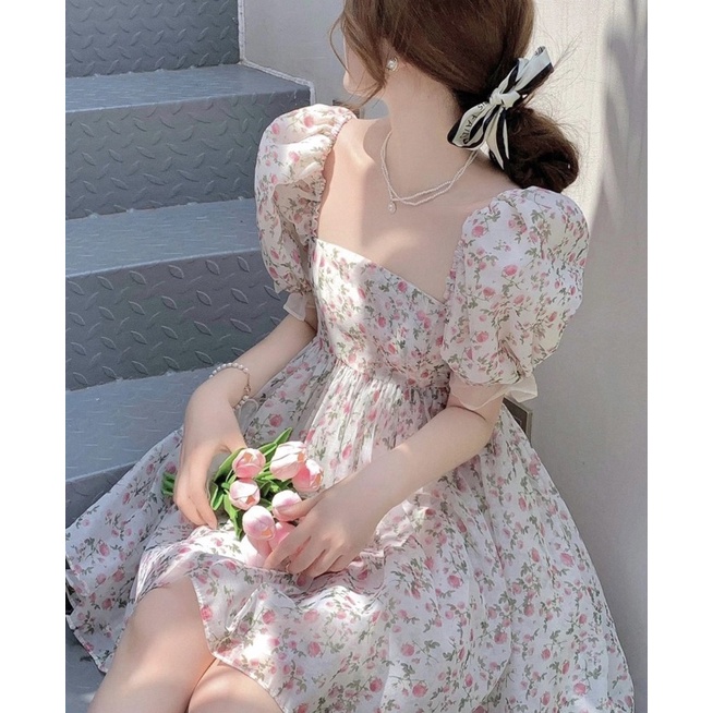 ĐẦM HOA BBD TAY REN CỔ VUÔNG PHỒNG