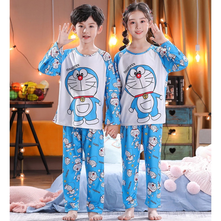 Bộ đồ ngủ trẻ em mới Baju Tidur Kawaii Đồ ngủ dài tay in hình hoạt hình Doremon Bộ đồ ngủ cổ chữ O thoáng khí Unisex cho bé trai và bé gái Bộ đồ ngủ bằng vải Polyester 大 ❈