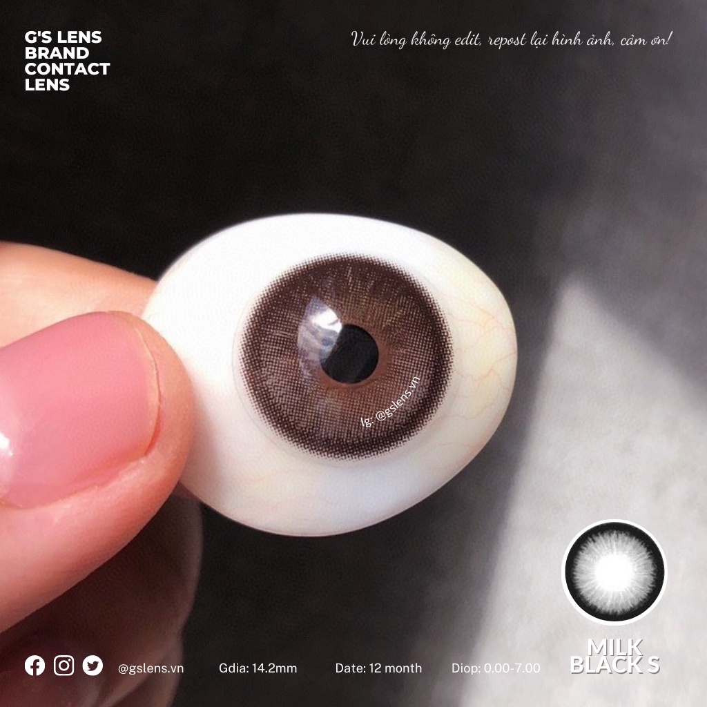 Lens Mắt Kính Áp Tròng Đen Xám Hoa Văn MILK BLACK Giãn Ít Có Từ 0 Đến 7 Độ Lệch Độ Size S 14.2mm
