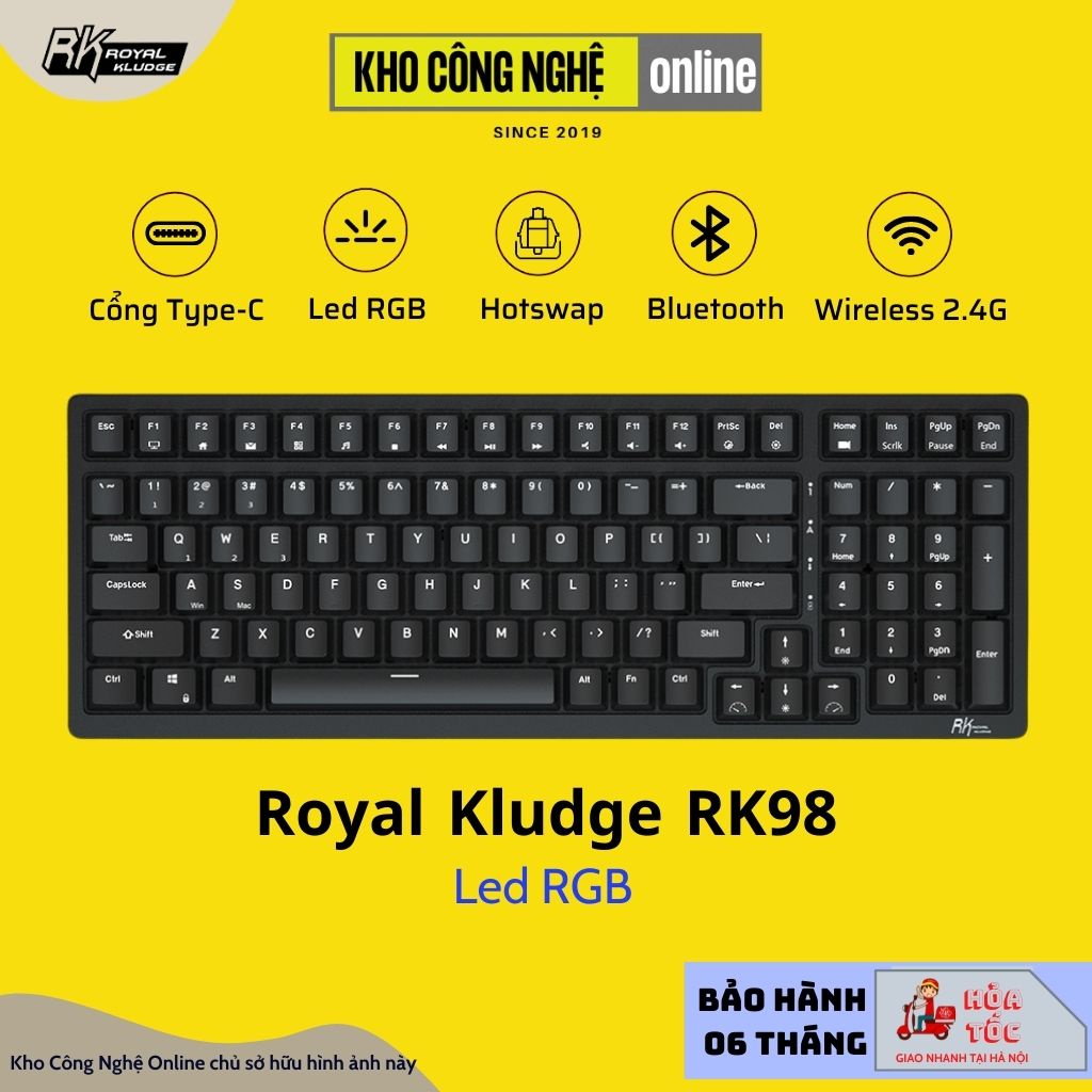 Bàn phím cơ không dây Royal Kludge RK98 Hotswap led RGB, kết nối 3 chế độ (Bluetooth 5.0 | Wireless 2.4G | Dây type C)