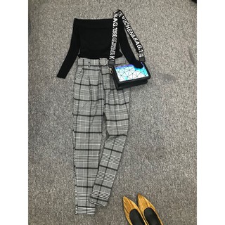 Hình thật - Nguyên set Áo len trễ vai + Quần baggy sọc caro kèm belt