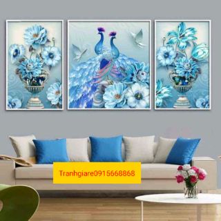Tranh đính đá chim công ba bức bình hoa tuyệt đẹp kt 180×75cm