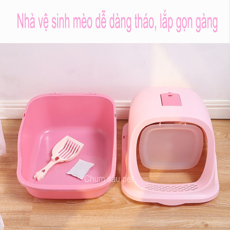 Nhà vệ sinh cho mèo có cửa cỡ lớn ngăn mùi, chống văng cát - Tặng kèm xẻng