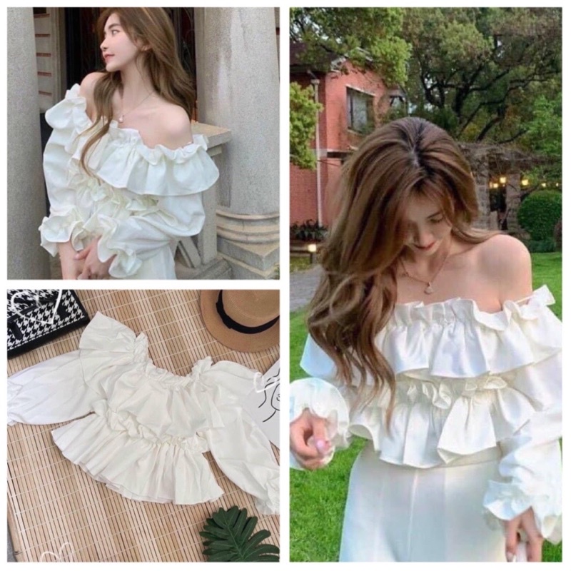 Áo Trễ Vai Tay Bồng Chất Đẹp Mịn Ulzzang - Áo Dài Tay Kiểu Sang Chảnh Voan Dày( Hàng Có Sẵn, Ảnh Thật)