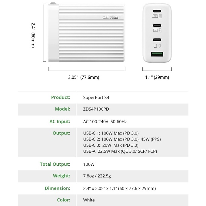 Củ sạc nhanh ZENDURE SuperPort S4 110W GaN 3C-1A PD/ PPS 1.0 100W - ZDS4P100PD