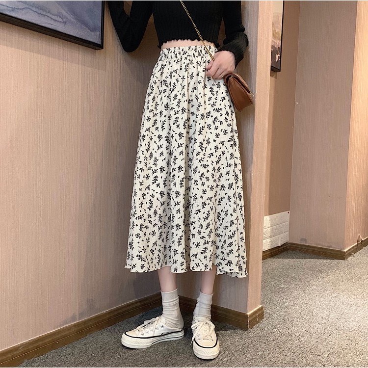 [Quà tặng là dây chun buộc tóc nữ] Chân váy midi hoa nhí 2 màu đen trắng phong cách ulzzang Lucy Outfit thiết kế | BigBuy360 - bigbuy360.vn