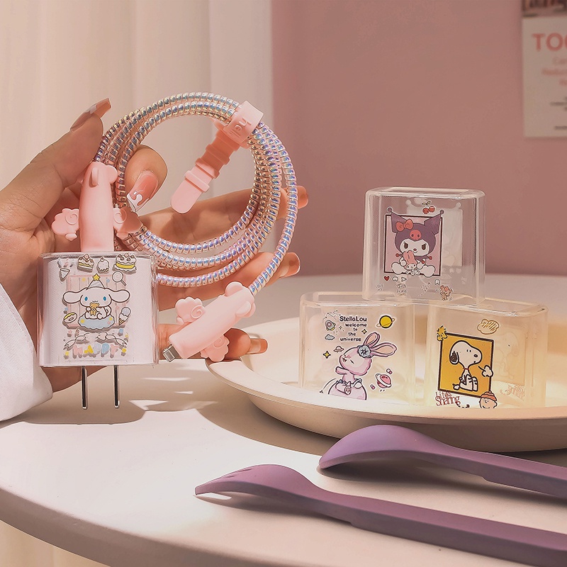 Vỏ Bọc Bảo Vệ Dây Cáp Sạc iPhone Màu Huỳnh Quang Trong Suốt Họa Tiết Hoạt Hình Dễ Thương