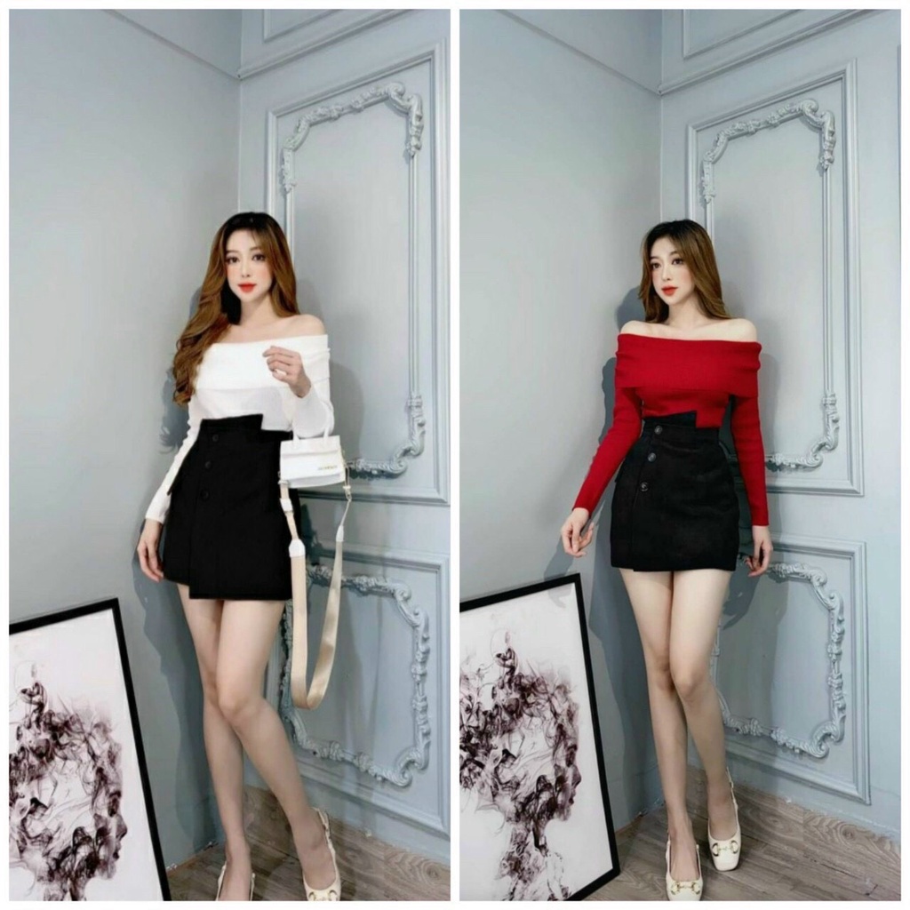 Sét bộ đồ nữ áo tay dài bẹt vai phối chân váy đính nút
