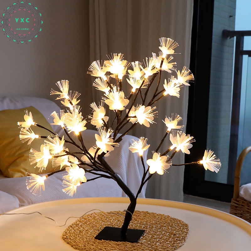 Đèn LED trang trí để bàn hình cây hoa anh đào/ hoa hồng cổng sạc USB chủ đề giáng sinh