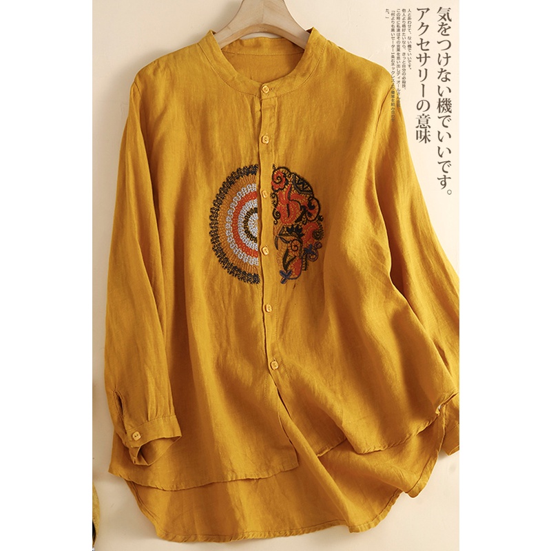 Ice cotton linen women's shirt ethnic style embroidered linen long-sleeved tops pick up ~ Japanese original single