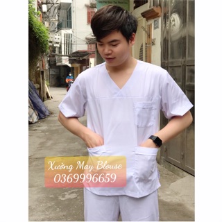 Áo blu cổ tim cho NAM màu trắng - áo blouse trắng cổ tim nam