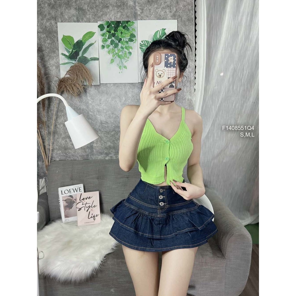 Quần váy jean xòe phối bèo tầng lưng cao 3 nút hàng đẹp!