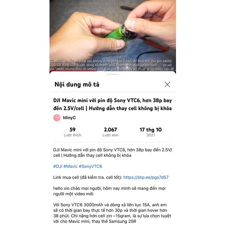 Pin sạc xả cao 18650 mới 100% Sony VTC6 Nội địa Nhật US18650VTC6 MURATA 19/66 3000mAh 35A