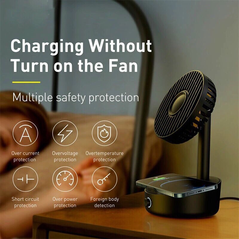 Quạt để bàn thông minh hỗ trợ sạc không dây Baseus Hermit desktop wireless charger with oscillating fan 4W quạt, 10W sạc