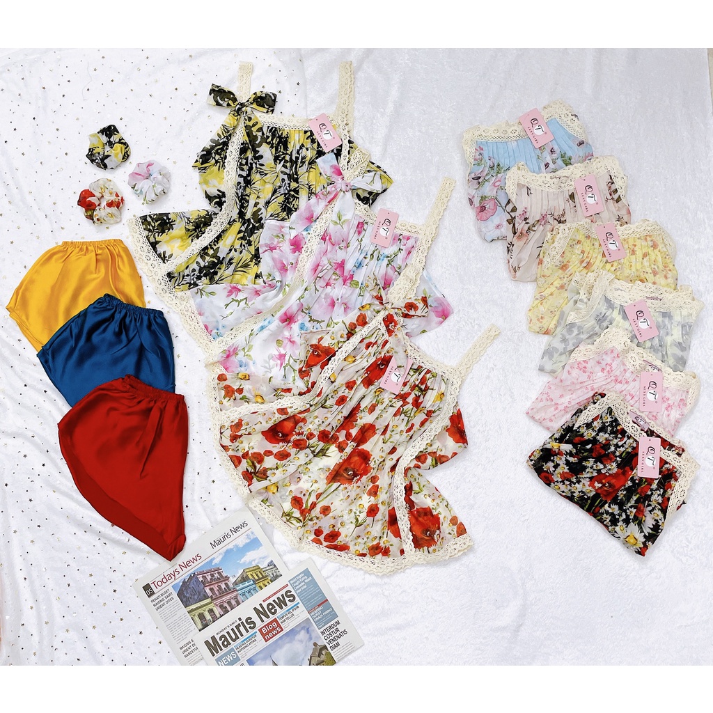 Bộ ngủ áo voan phối quần satin kèm cột tóc DN2