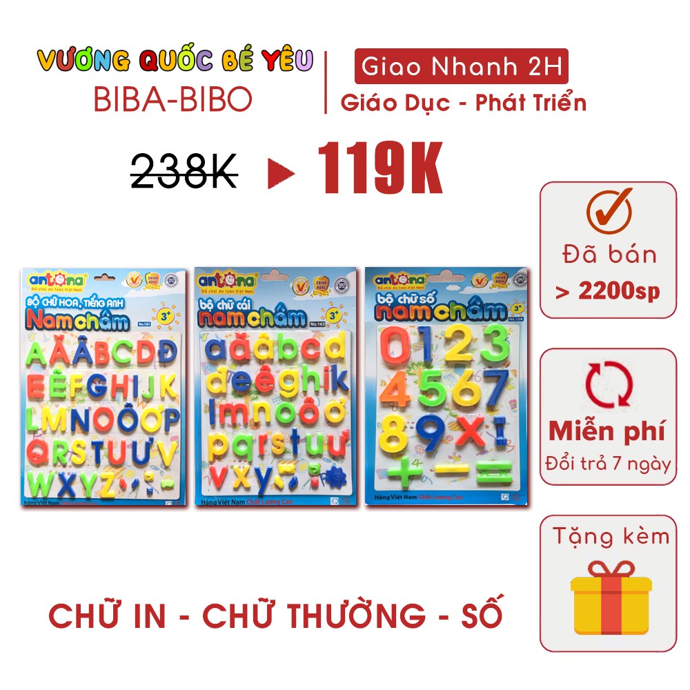 Combo 3 Vỉ Học Chữ Cái Thường Chữ In Hoa Và Chữ Số Gắn Nam Châm Antona