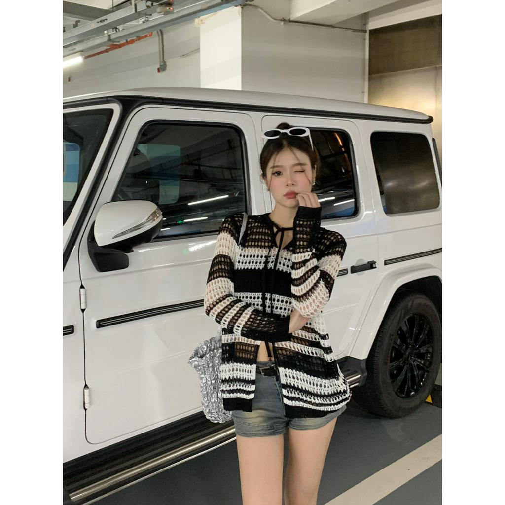 HUANG YOYO Áo croptop Áo Nữ Tay Dài Kẻ Sọc Cổ Chữ V Thời Trang