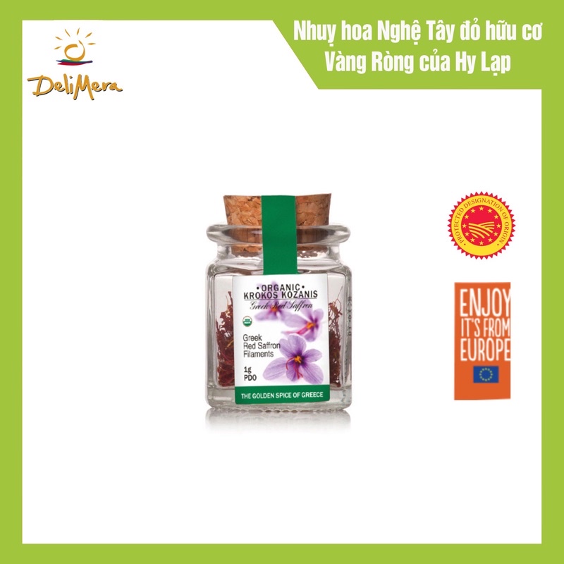 Nhụy Hoa Nghệ Tây Saffron Organic Hy Lạp nhãn hiệu Krokos Kozanis lọ thủy tinh tem xanh 1g
