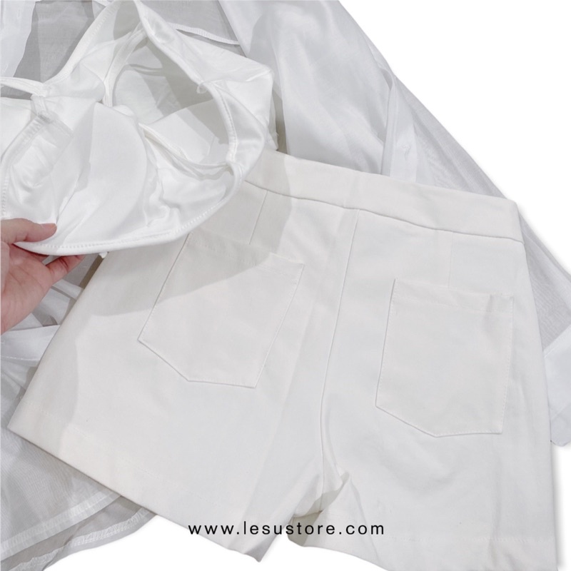 ẢNH TỰ CHỤP Set trắng short phối áo sơ mi mỏng