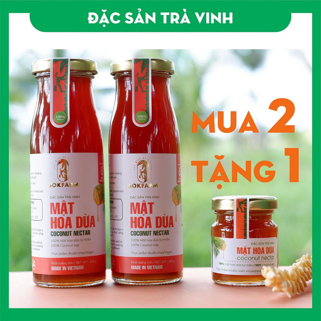 Mật hoa dừa Sokfarm Trà Vinh - Chai 250g và 65g- Sản phẩm thuần chay, có chỉ số đường huyết thấp, tăng sức đề kháng