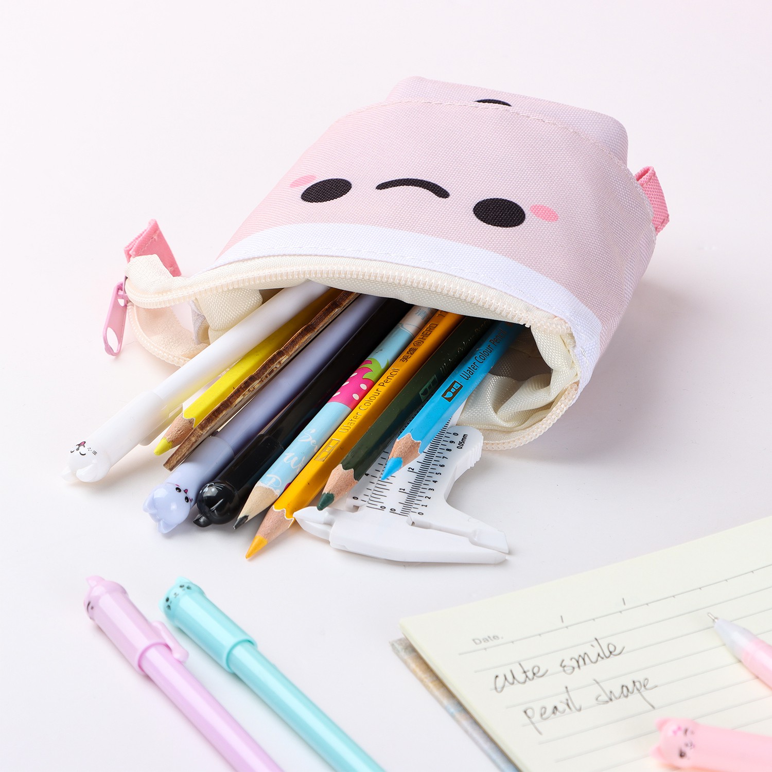 JUNE Cute Pencil Case Portable Zipper Storage Box Telescopic Pen Bag New Canvas School Supplies Stationery Large Capacity Makeup Pouch/Multicolor