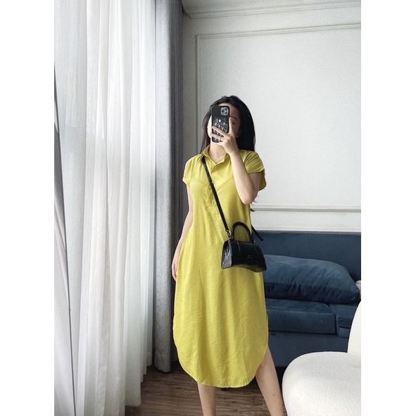 Váy lụa màu màu vàng úa,đầm cổ sơmi không tay mền mại