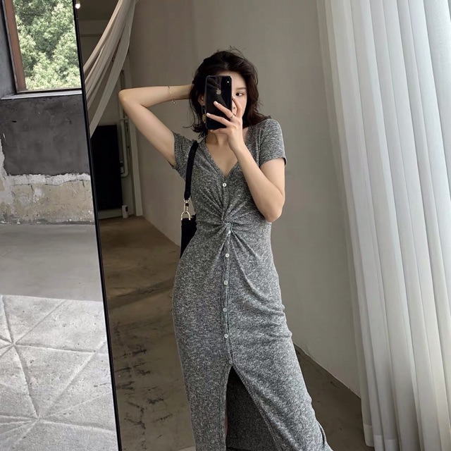 Đầm thun len gân xoắn eo