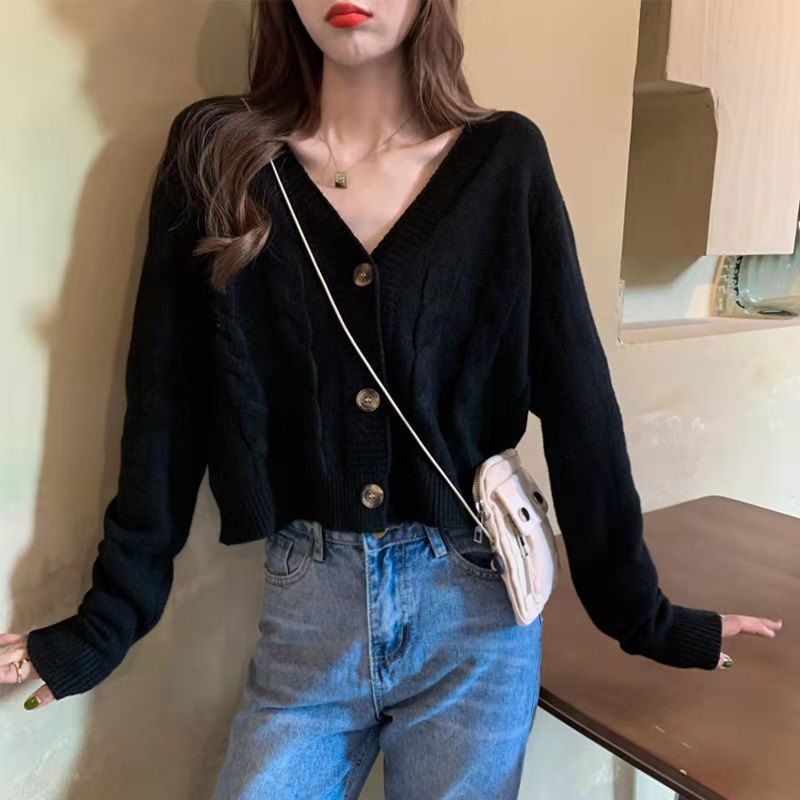 Áo Cardigan Dệt Kim Mềm Mại Tay Dài Cổ Chữ V Màu Trơn 5 Màu Lựa Chọn
