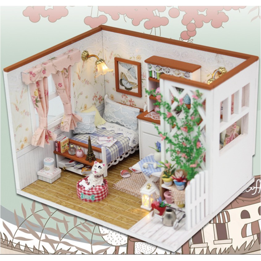 Mô hình dollhouse của cô bạn yêu chó xù và hoa lá The Starry Night