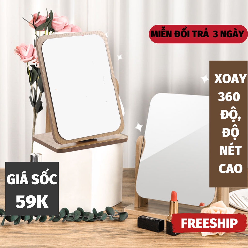 Gương Trang Điểm Gương Để Bàn Xoay 360 Độ Bằng Gỗ Dùng Decor Phòng Ngủ NOBITA OFFICIAL