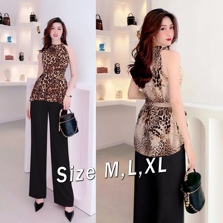 Set nguyên bộ quần dài ống suông áo beo kèm belt rời xinh xắn J1119