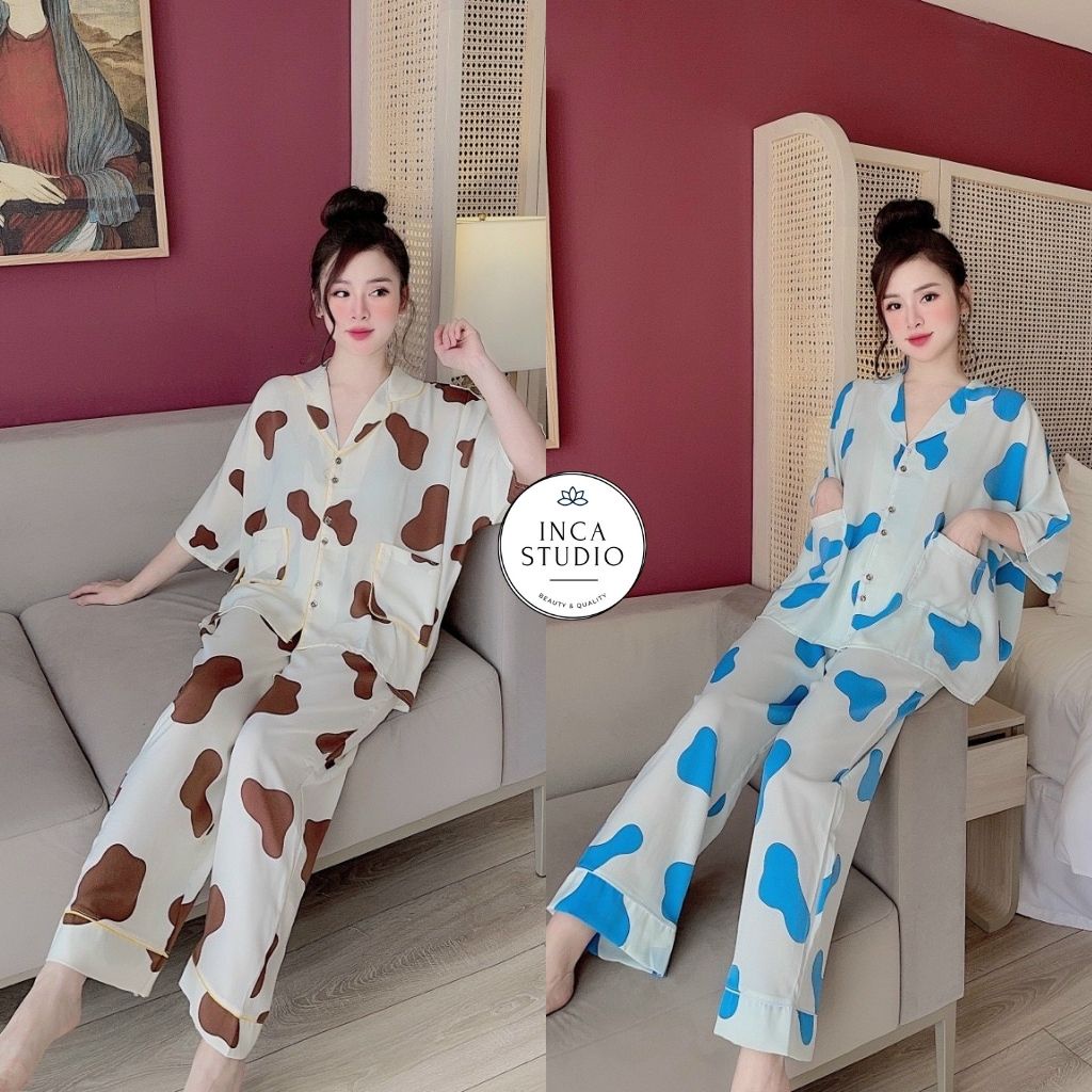 (Cam kết loại 1) Đồ ngủ Pyjama lụa mango họa tiết cao cấp INCA05- Free size dưới 65kg, Lụa mango thoáng mát