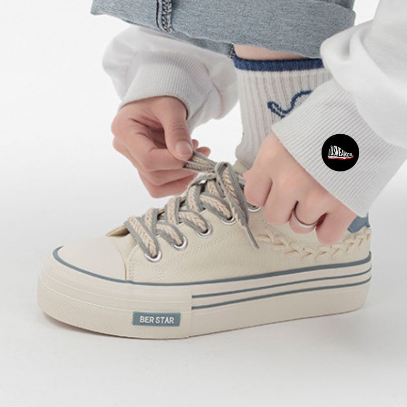 Giày thể thao nữ thêu nổi bông lúa đế cao 3cm màu đen, màu kem size 36-40  G01