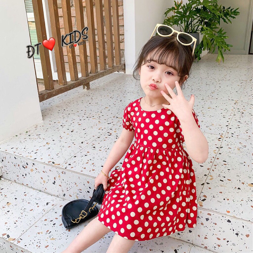 [V22] Váy Tay Bông Họa Tiết Chấm Bi Cực Xinh Cho Bé Gái Dáng Xòe Chất Vải Đũi Mềm Đón Tết Size Từ 8-18Kg VNXK Nhật-Hàn