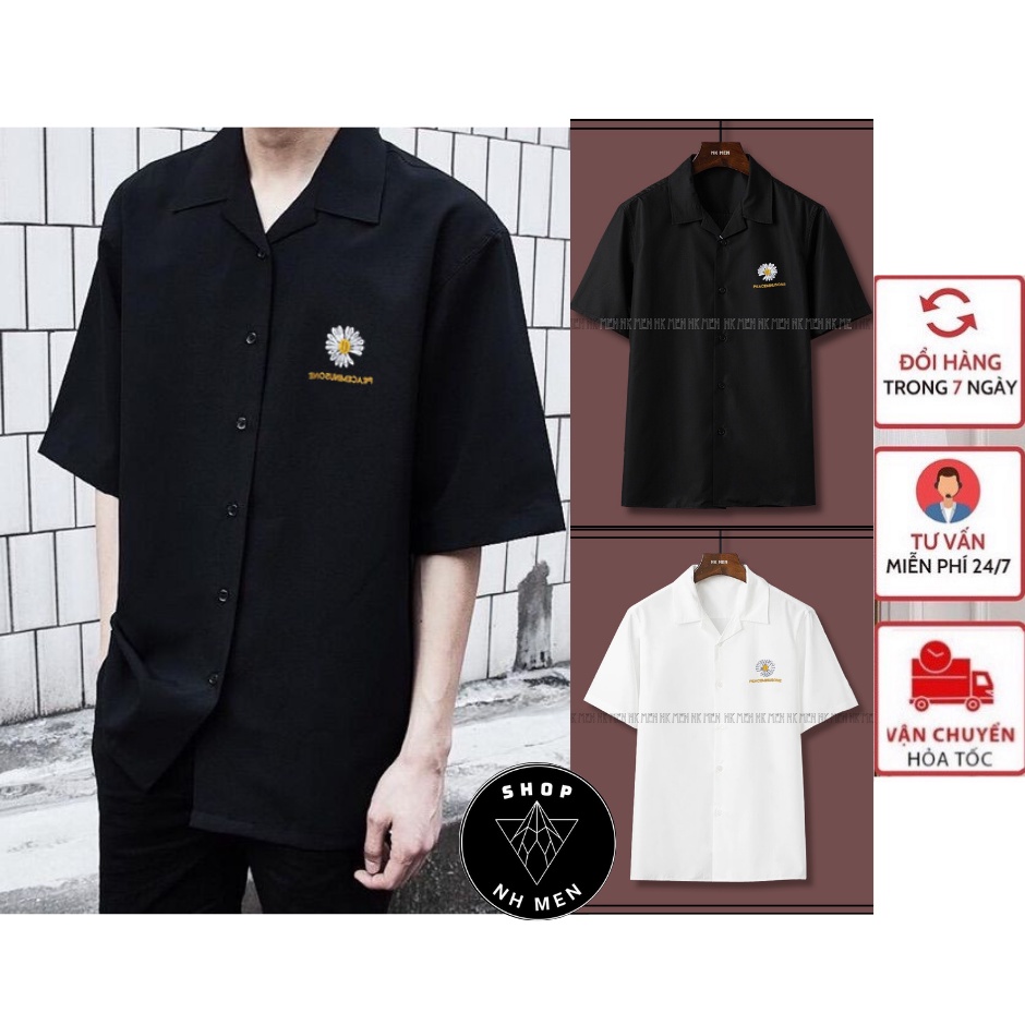 Áo Sơ Mi Nam Nữ Form Rộng THÊU Hình Hoa Cúc Basic Unisex Ngắn Tay Trắng Đen Cổ VEST (NH MEN)