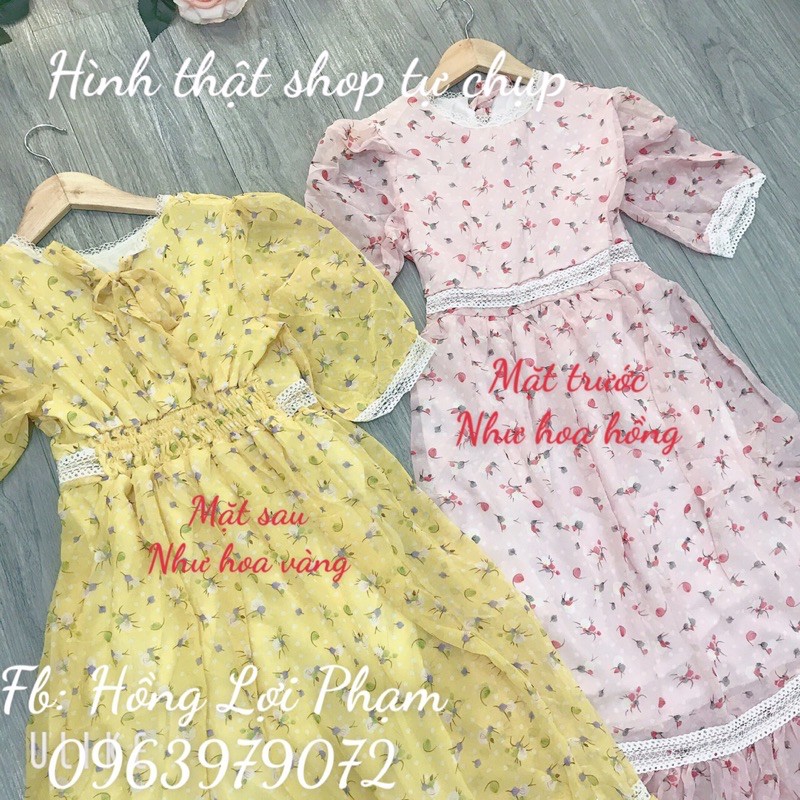 Đầm hoa nhí pha ren tay phồng đuôi cá