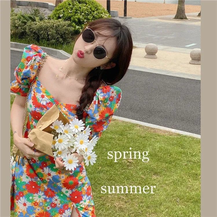 Đầm Hoa Tay Phồng Cổ Vuông Thời Trang Pháp Xinh Xắn